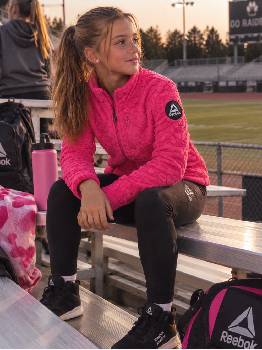 Reebok Hot Pink Heart Textured Fleece Full Zip Jacket